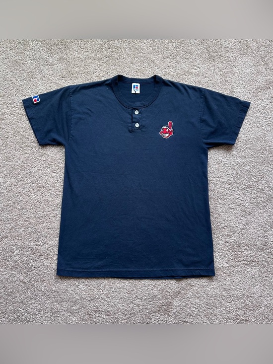 Russell Athletic Other - Vintage Cleveland Indians Russell Athletic Henley Shirt Navy Blue Chief Wahoo M